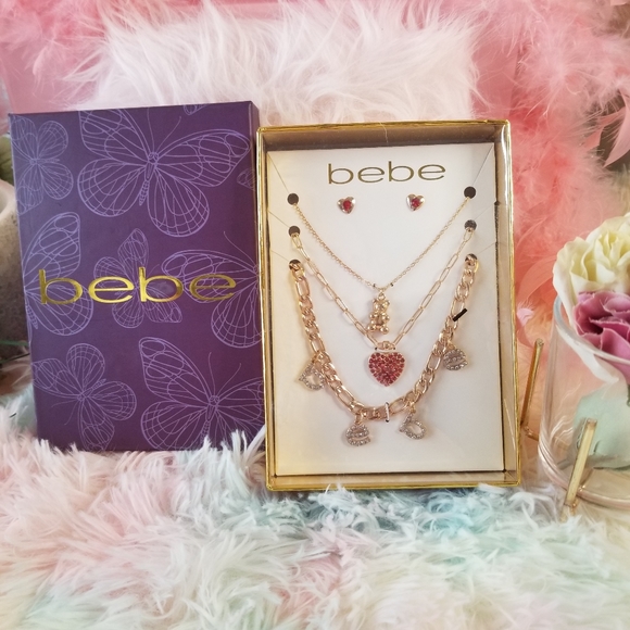 4pcs bebe logo Gold Dangling charm Necklace and Earrings Gift set in box New - Picture 1 of 7